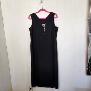 Vintage 90s Denim Linen Dress Maxi Peasant Prairie Daisy Cottagecore Black